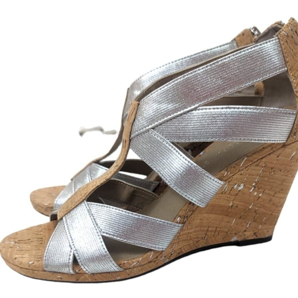 DONALD PLINER Haja Wedge Sandals NEW Cork Metallic Silver Womens 8.5 Heels